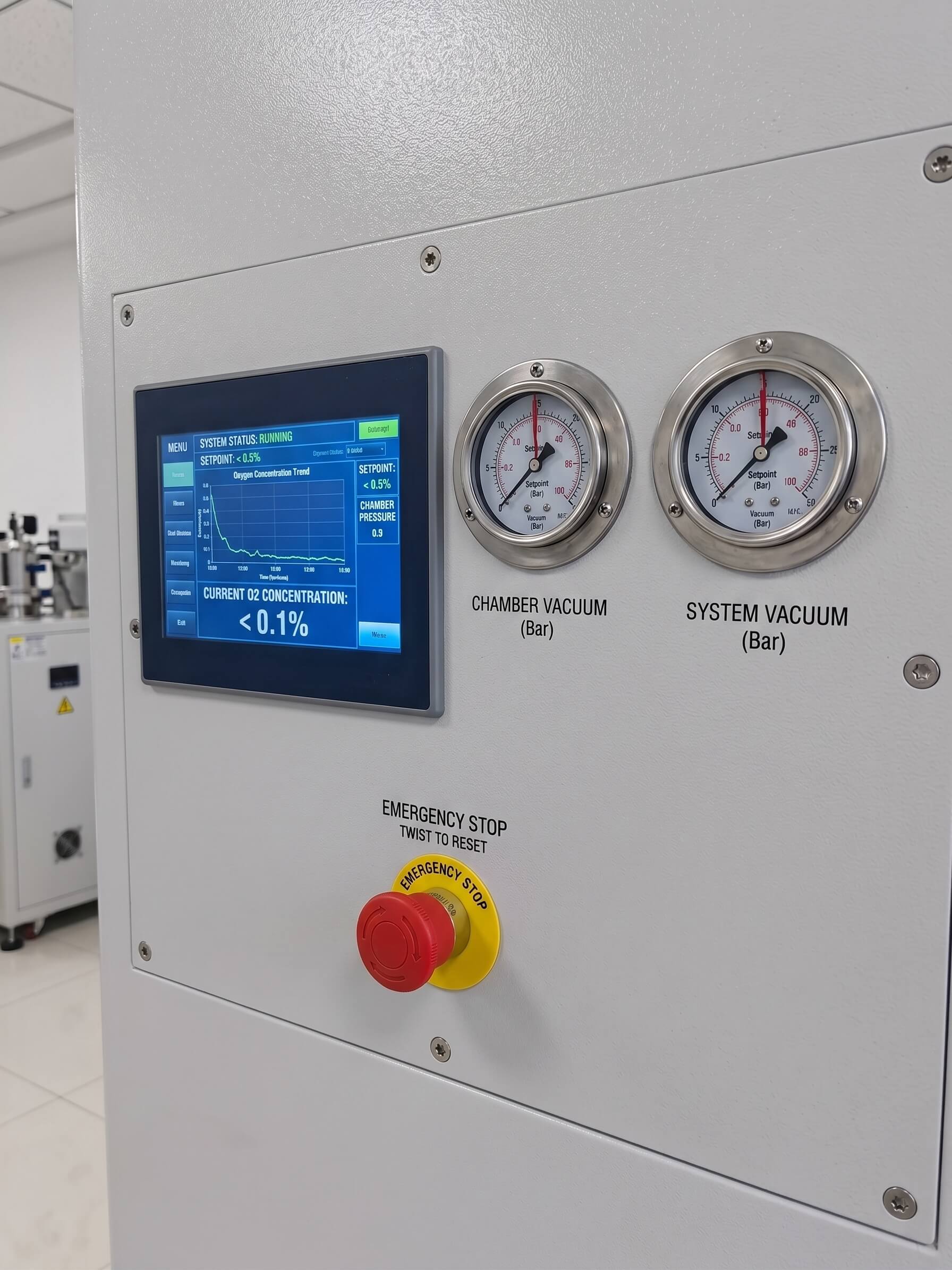 Intelligent PLC control panel showing real-time oxygen levels and cycle parameters
