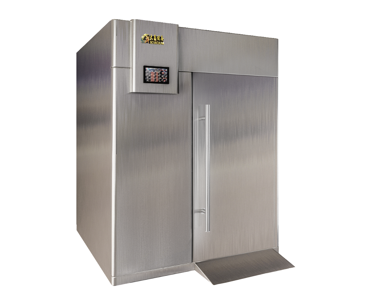 The Ganzhou Dachang trolley-type double-door quick freezer features a robust stainless steel exterior, a seamless access ramp, and an intuitive smart control panel for precise temperature management.