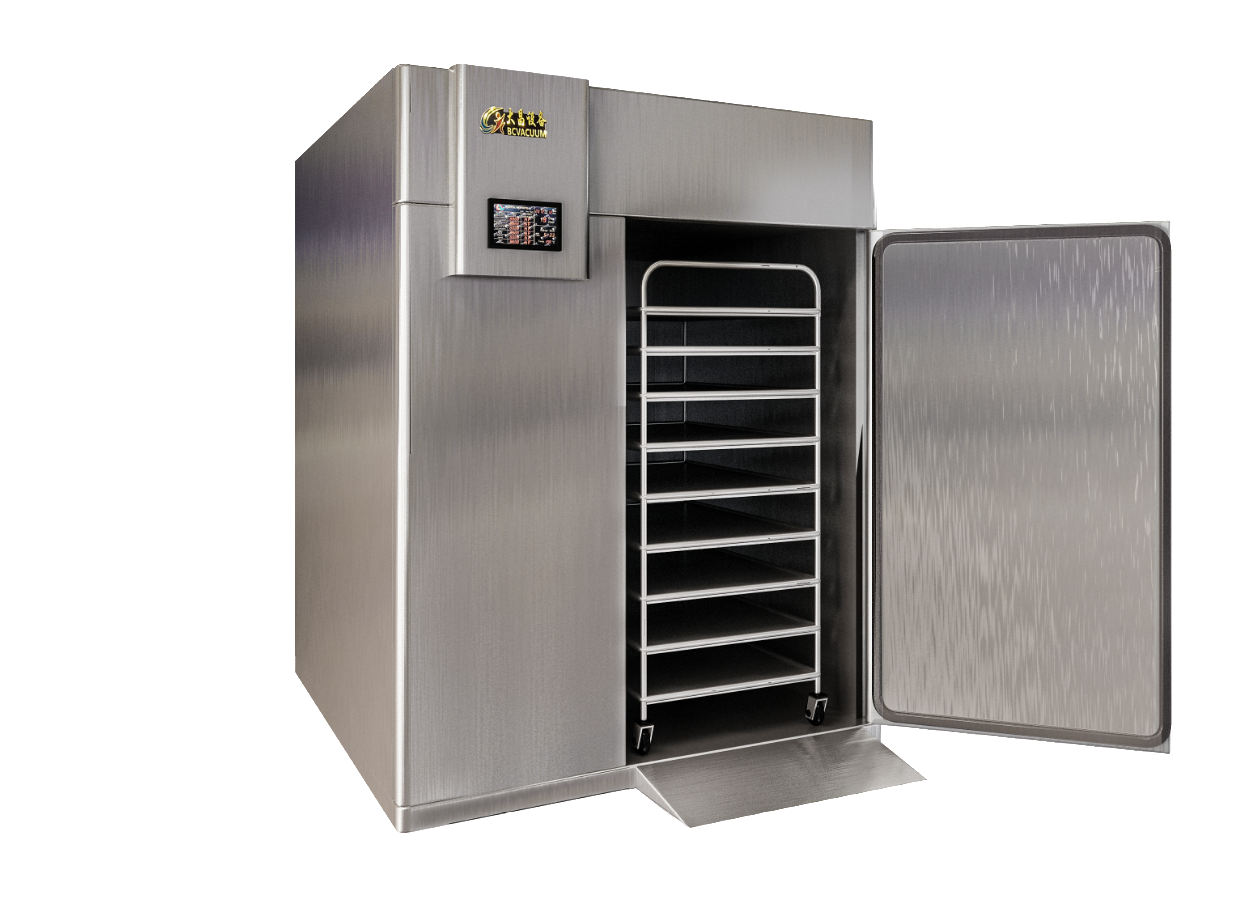 The spacious internal freezing chamber accommodates heavy-duty multi-tier trolleys, maximizing batch capacity while maintaining a compact factory footprint.