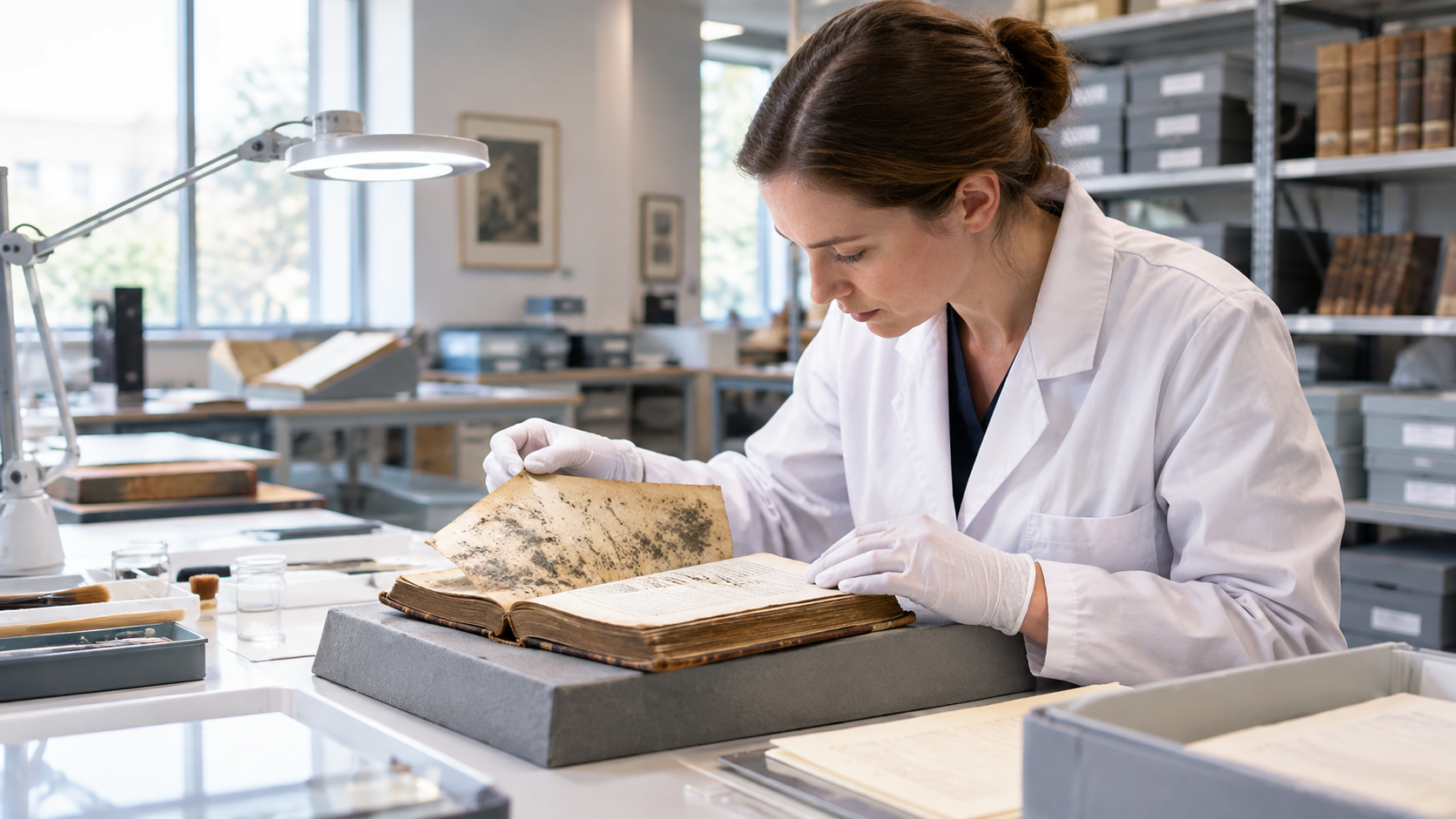 Archival book deodorization inspection to identify musty smell in books in a library conservation laboratory Archival book deodorization inspection to identify musty smell in books in a library conservation laboratory