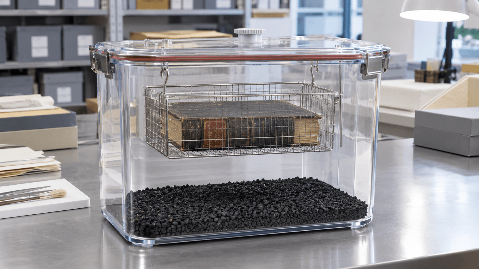 Setup demonstrating how to remove mold odor from books using dual-chamber vapor adsorption safely Setup demonstrating how to remove mold odor from books using dual-chamber vapor adsorption safely